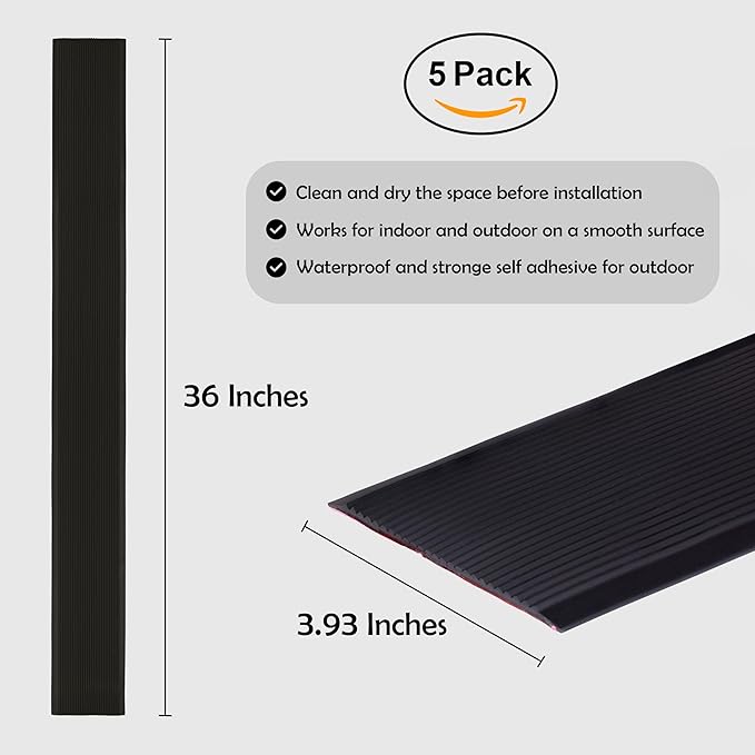 Rubber Bond 4x36in Anti Slip Stair Treads (5-Pack) - Waterproof Outdoor/Indoor Heavy Duty Non-Skid Tape for Stairs - Adhesive Rubber Grip Strips for Steps & Ramps - Black