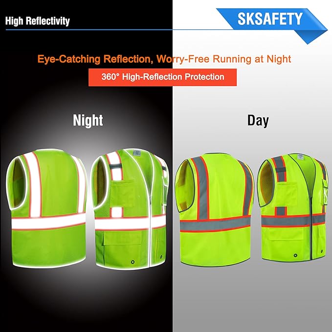 SKSAFETY 10 Pockets Safety Vest, Class 2 High Visibility Security with Zipper Double-sided mesh, Hi Vis Vest with Reflective Strips, ANSI/ISEA Standard, Construction Work Vest （Lime, 4XL）