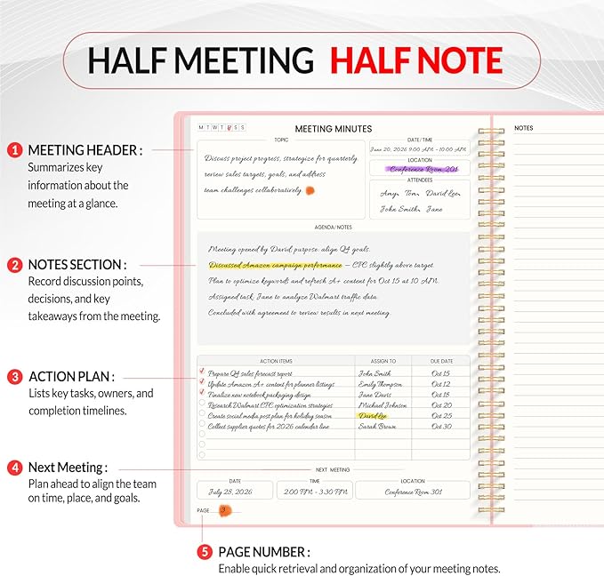 SUNEE Half Meeting Half Note 8.5"x11" Notebook for Work – 140 Pages, A4 Size Project Planner for Women&Men, Minutes Organizer for Meeting Notes, Ideas for Office/Business, PVC Waterproof Cover, Pink