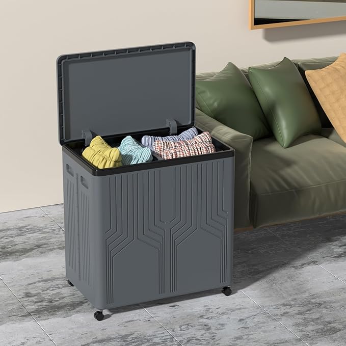 2 Section Plastic Laundry Hamper with Wheels, 120 L Collapsible Clothes Basket with Lid, Grey