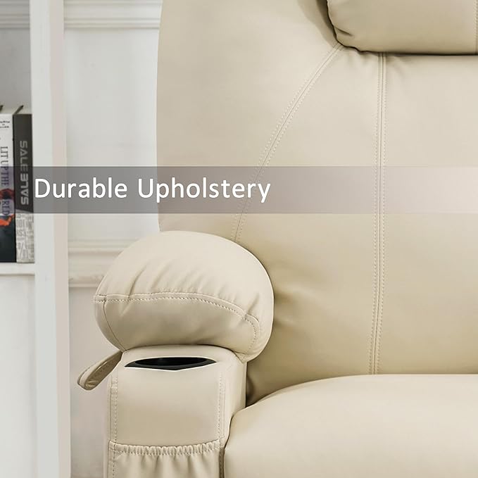 MCombo Large Power Lift Recliner Chair with Massage and Heat for Tall Elderly People, 3 Positions, Cup Holders, and USB Ports, Faux Leather 7516 (Large, Cream White)