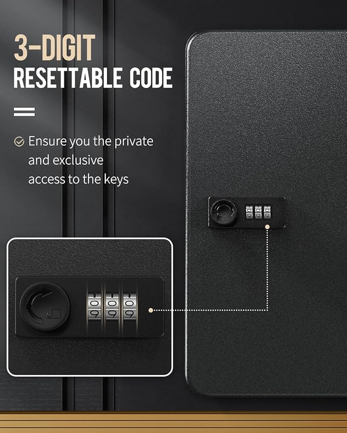 Uniclife 60 Position Key Cabinet with Combination Lock Resettable Black Digital Security Storage Box Steel Key Organizer with Colorful Large Key Tag Labels Stickers and Hooks