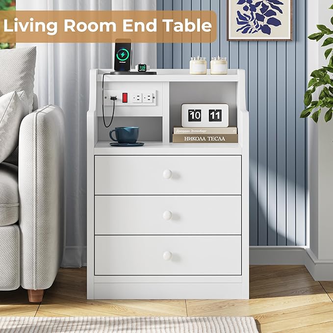 ADORNEVE Night Stand Set 2,White Nightstand with Charging Station & Hutch,Night Stands for Bedrooms Set of 2,Bedside Table with Drawers