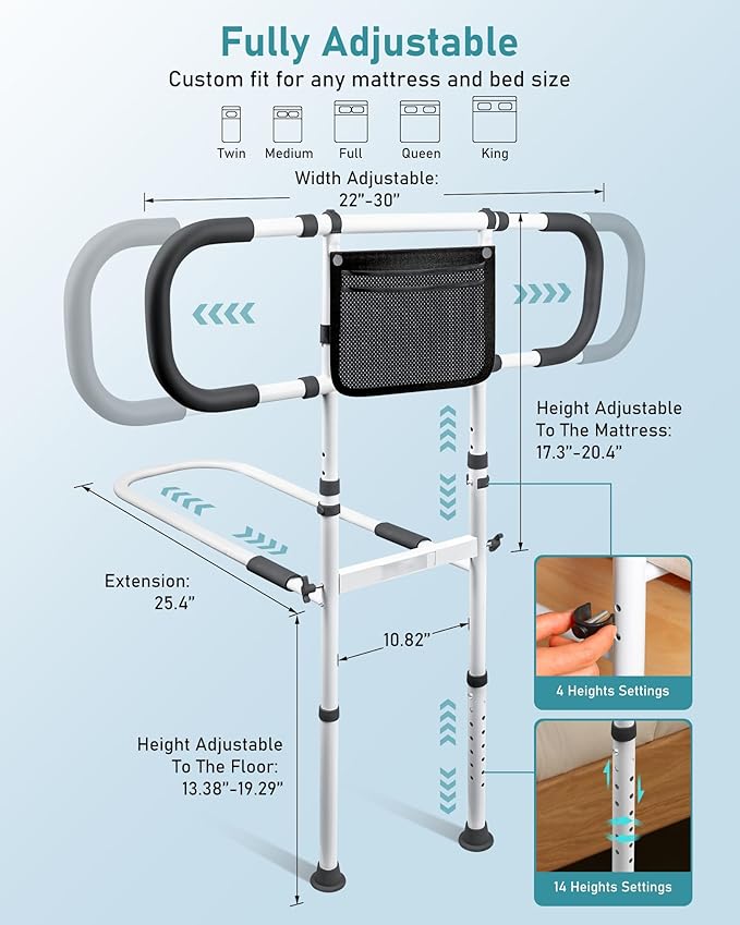 AMOVO Bed Rails for Elderly Adults Safety Bed Guard Rails for Seniors Extended Handle Bed Assist Rail with Sensor Light Storage Pouch, Stable Bedside Cane Support Bar Grab, Fit King Queen Full Twin