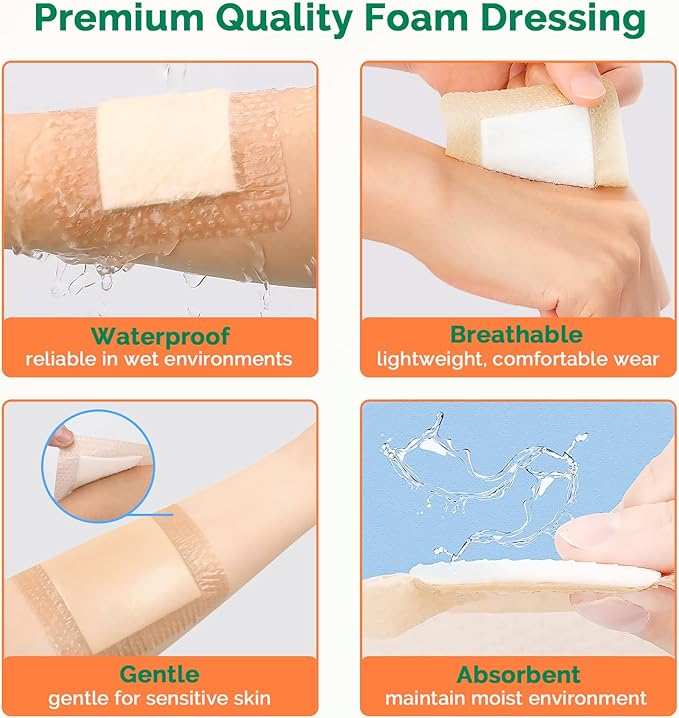 Silicone Foam Dressing 2x2 Inch with Border - 10 Pack Adhesive Waterproof Bandages for Wound - High Absorbency Big Foam Pad Bandaids - Medical Grade Wound Dressing