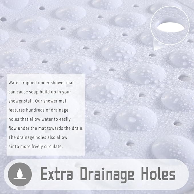 Yimobra Shower Stall Mat Non Slip, 21x21 Inch, Soft Square Bath Mat for Shower with Suction Cups and Drain Holes, Stall Floor Mats for Bathroom, Machine Washable, Bathroom Accessories, White