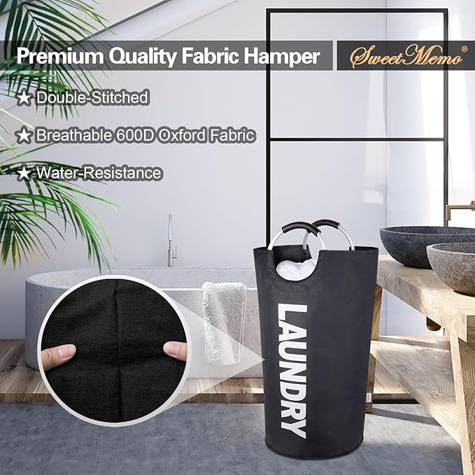 Tall Laundry Hamper with Handles，Large Laundry Basket, Freestanding Clothes Hamper Bag – Folding Dirty Fabric Laundry Bin for College Dorm，Laundry Room, Sturdy, Lightweight – 95L (Black)