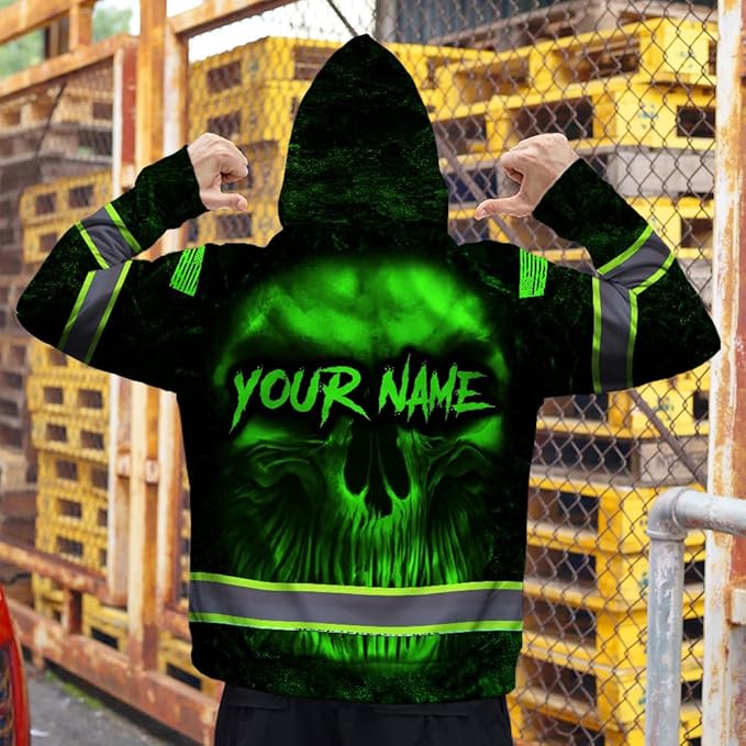 Maddly Hi Vis Reflective Zip Up Hoodie, High Visibility Safety Jacket with Skull Design for runner, worker, trucker, cyclist