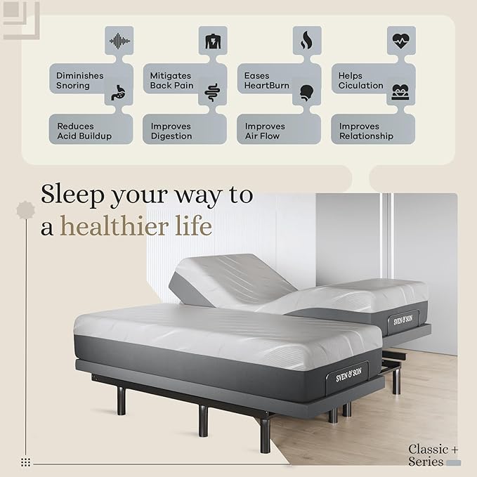 Sven & Son Harmony Adjustable Bed Base, Head and Foot Lift, Massage, Under-Bed Lights, USB, Gel Memory, Zero Gravity Smart Frame - Split King + 14 inch Hybrid Spring Matt (Medium Soft)
