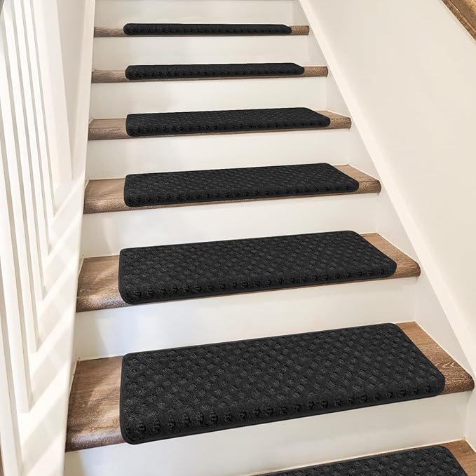 PURE ERA Bullnose Carpet Stair Treads Tape Free Non-Slip Indoor Stair Protectors Pet Friendly Stair Treads for Wooden Steps 9.5" x 30"(2 Pieces,Black Mini-Diamond Trellis)