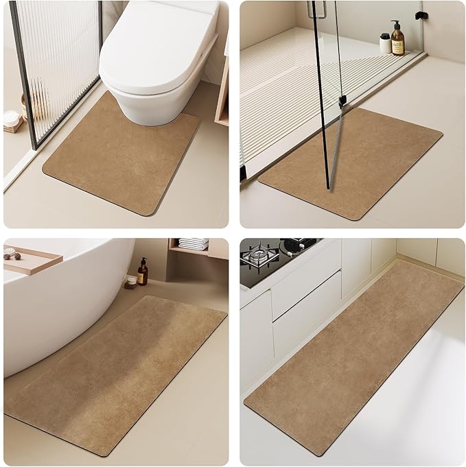 Bathroom Mat Quick Dry, Bathroom Rugs Non Slip Washable Thin Absorbent Bath Mat Fits Under Door Bathroom Floor Mat Perfect for Bath, Shower, or Sink 20"x30" Camel
