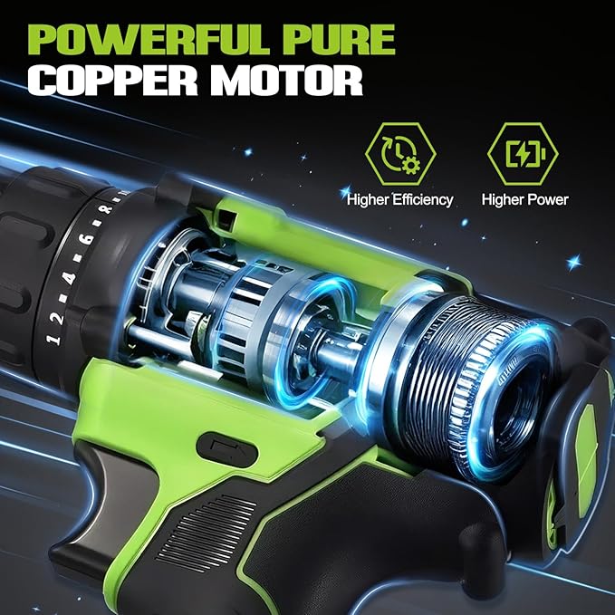WORKBLESS 21V Power Drill Set, Cordless Drill with Battery and Charger, 3/8'' Keyless Chuck, Variable Speed, 18+1 Torque Setting and 28pcs Drilling/Driver Bits Tool Set(Green)
