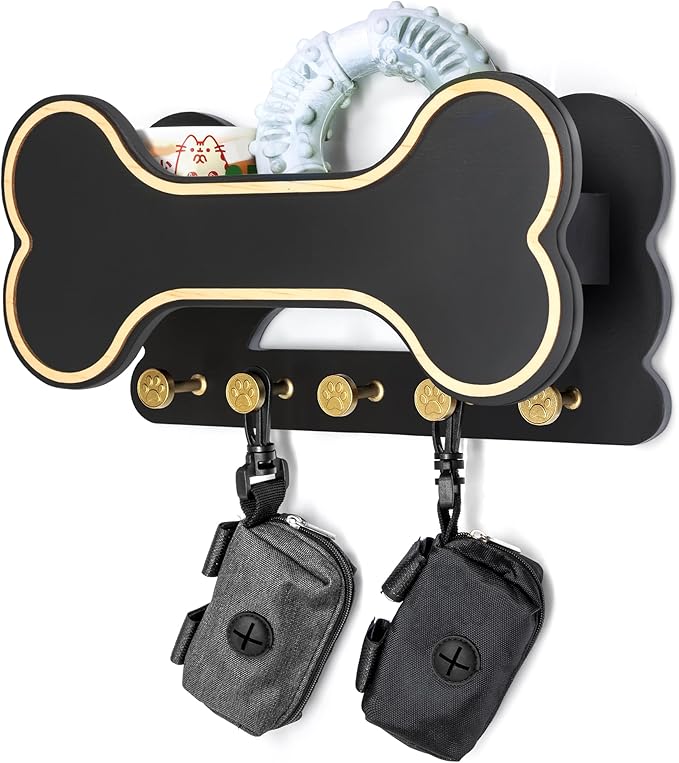 MTERSN Decorative Dog Leash Holder for Wall - Dog Stuff Organizer and Doggie Bone Key Holder Wall Mount with 5 Cute 3D Puppy Paw Hooks & Storage Shelf - Apartment Essentials (Black)