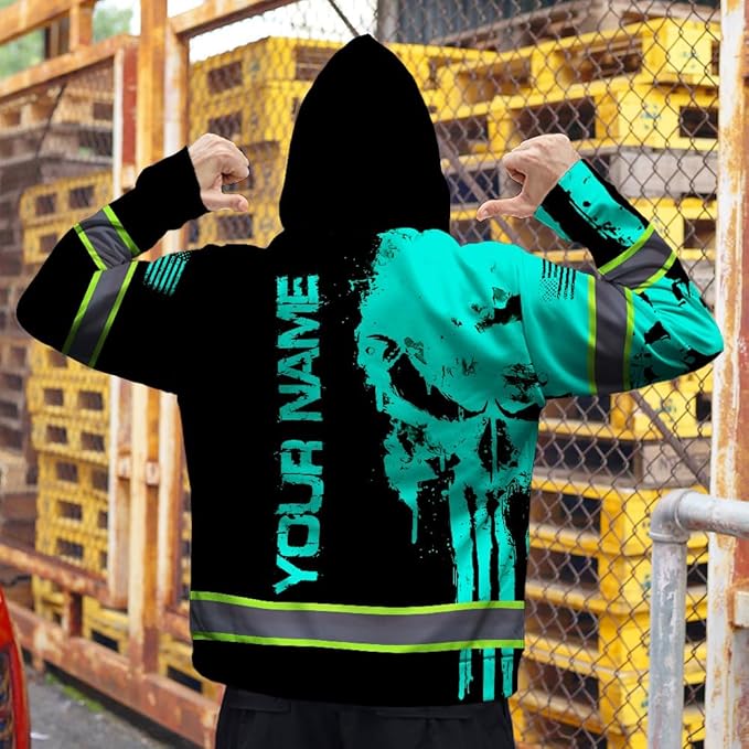 Maddly Hi Vis Reflective Zip Up Hoodie, High Visibility Safety Jacket with Skull Design for runner, worker, trucker, cyclist