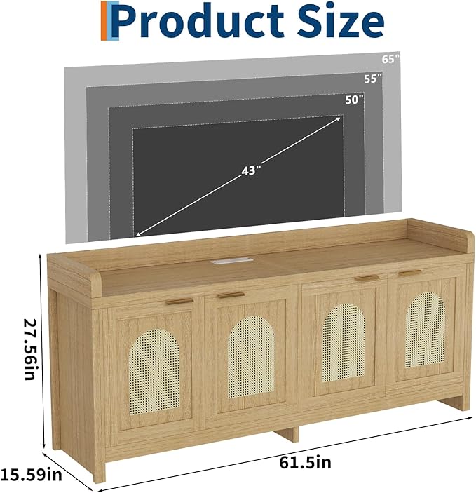 GarveeHome TV Stand for 65 Inch TV, Wood Entertainment Center with Glass Door Storage Cabinet, Entertainment Center Console Table for TV for Living Room, Natural