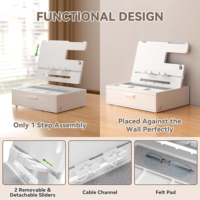 Pezin & Hulin Wooden Charging Station, Bedside Nightstand Tray, with Spacious Drawer, Felt Pads for Phones, Watch, Idea Gifts for Him Birthday, Son, Christmas for Papa Fathers Day (White)