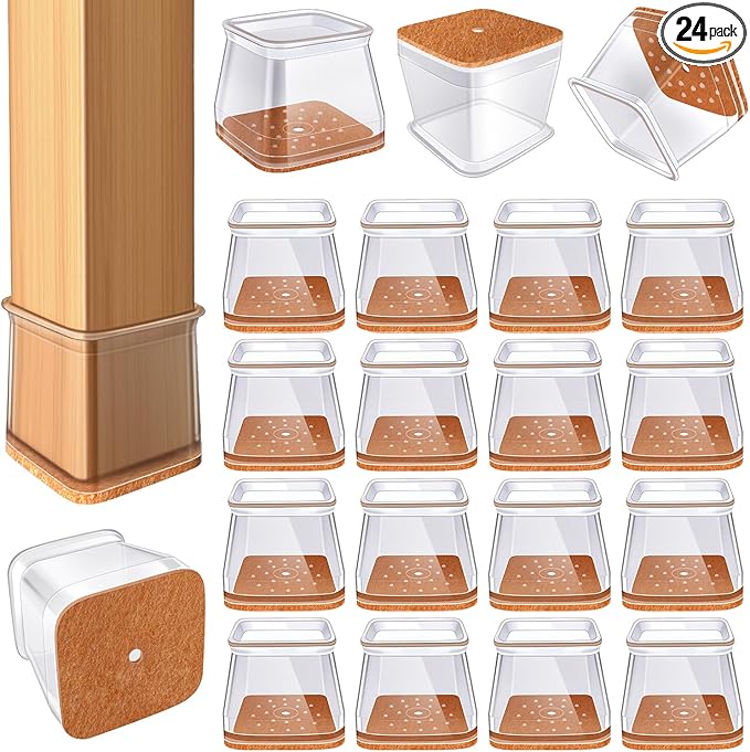 24 Pcs Chair Leg Floor Protectors for Hardwood Floors Square Silicone Covers to Protect Wood Tile Floors Felt Pads Furniture Leg Caps Anti-Scratch Reduce Noise (Fit:1-5/8" to 2")