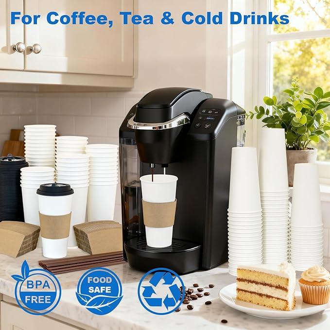 20 oz 300 Pack Coffee Cups with Lids and Sleeves, Straws, Hot Disposable To Go Travel Paper Cups Bulk for Office, Home Coffee Bar Accessories, Chocolate, Cocoa, Beverage (White)