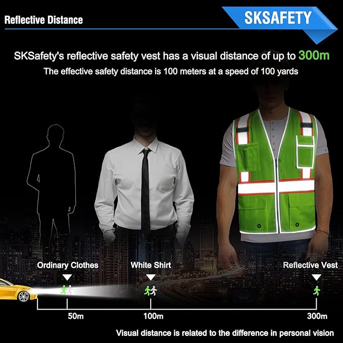 SKSAFETY 10 Pockets Safety Vest, Class 2 High Visibility Security with Zipper Double-sided mesh, Hi Vis Vest with Reflective Strips, ANSI/ISEA Standard, Construction Work Vest （Lime, 4XL）
