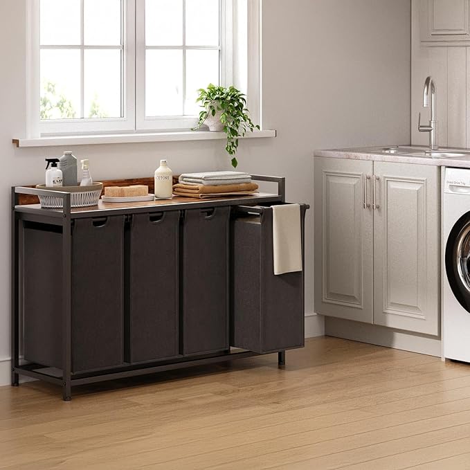 Laundry Hamper with Shelf, Laundry Basket 4 Section, Laundry Sorter with Pull-Out Removable Large Bags and Movable Wheels, Metal Frame, 4 x 15.87 Gallons (60L), Rustic Brown + Black PF07XLY