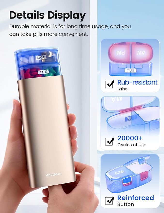 Vaydeer Large Weekly Pill Organizer 2 Times a Day,Metal 7 Day Travel Pill Box with Double Protection,AM PM Pill Case for for Medication, Vitamins, Fish Oils, Supplements(Champagne Gold)