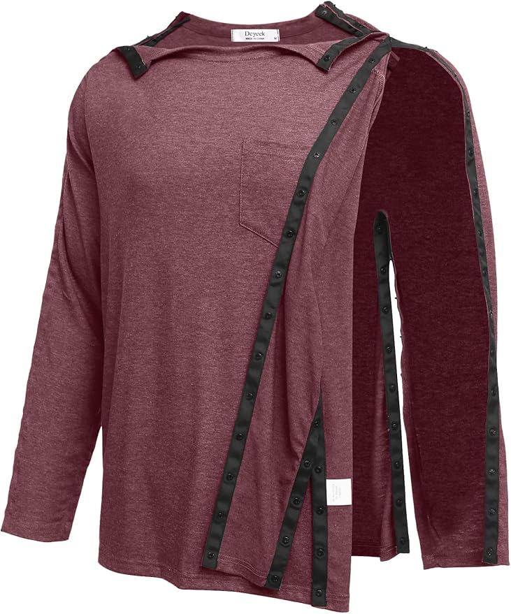 Deyeek Men's Post Shoulder Surgery Recovery Shirts Full Tear Away Long Sleeve Snap Chemo Port Access Shirt