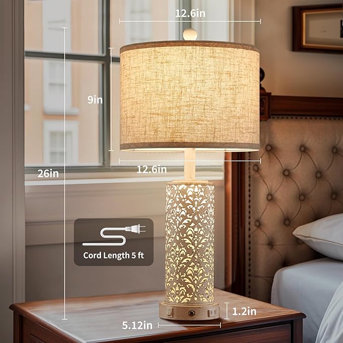 26" Farmhouse Table Lamp Dual Light, 3-Way Dimmable Touch Lamps, Rustic Nightstand Bedside Lamps with 2 USB Ports + AC Outlet, Modern Nightlight for Living Room Bedroom and Nightstand