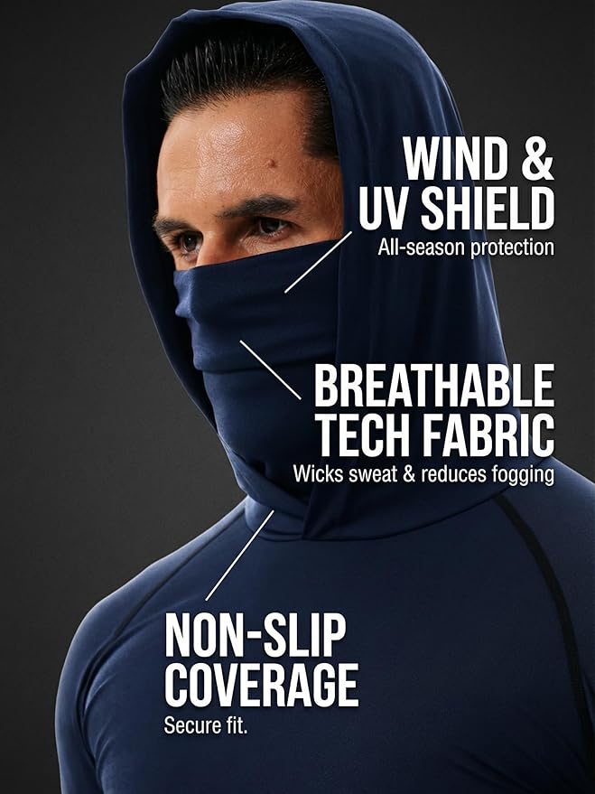3-Pack Men's Compression Hoodie with Mask - Long Sleeve Winter Base Layer & Running Shirt - Sun Protection Fishing Gear