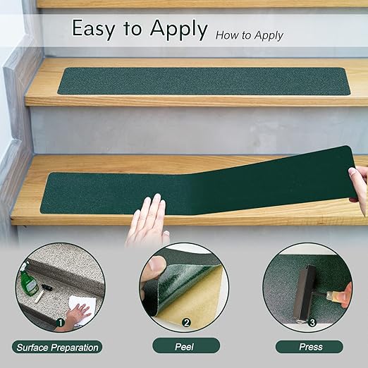 S&X Stair Treads Non Slip Outdoor Indoor, 5-Pack 6” x 24” Pre-Cut Non Skid Tape Dark Green, Heavy Duty Grip Tape for Stairs, Anti Slip Traction Strips for Wood, Concrete Steps
