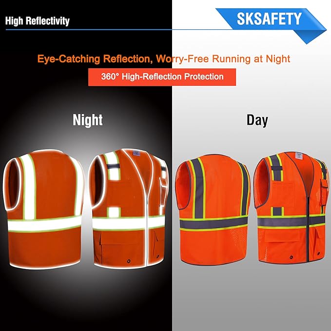 SKSAFETY 10 Pockets Safety Vest, Class 2 High Visibility Security with Zipper Double-sided mesh, Hi Vis Vest with Reflective Strips, ANSI/ISEA Standard, Construction Work Vest （Orange, 2XL）