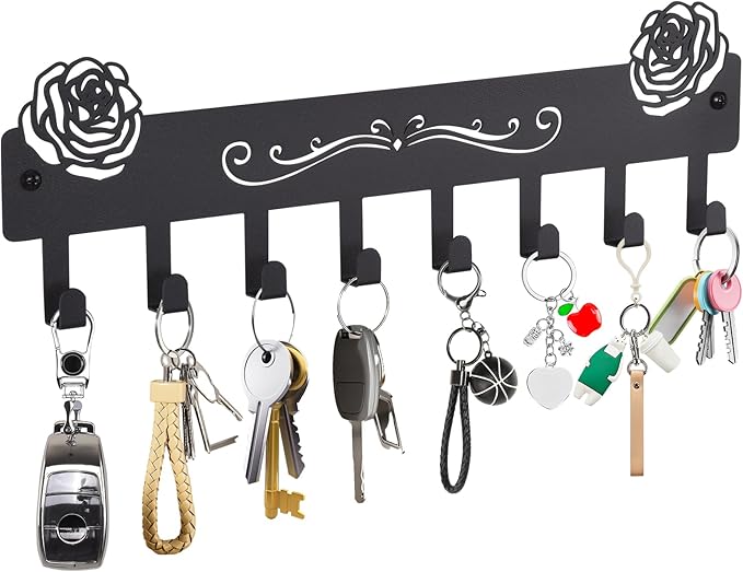 Key Holder Wall Mount with 8 Key Hooks for Wall, Adhesive or Drill Wall Key Holder, Modern Key Organizer Wall Mount Key Rack for Entryway, Kitchen, Hallway, RV Decor（Large）