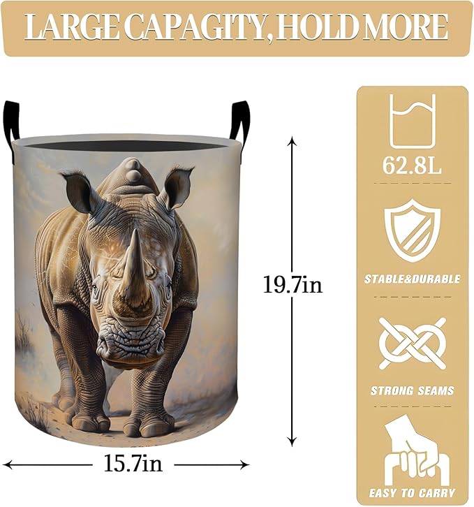 Strong Rhino Desert Wilderness Laundry Basket, Dorm Nursery Foldable Laundry Hamper Organizer for Bathroom Decor, Toy Clothes Storage Box for Bedroom 19.7x15.7 Inch