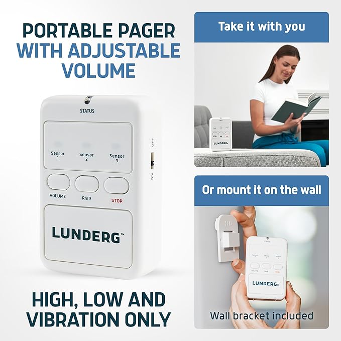 Lunderg Bed Alarm for Elderly Adults - Wireless Sensor Pad (10” x 30”) & Pager - Bed Alarms and Fall Prevention for Elderly and Dementia Patients