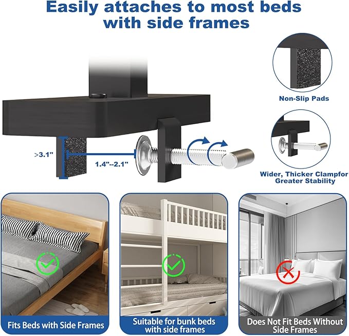 Bedside Shelf for Bed Frame, Clamp On Bedside Table Organizer, Dorm Room Nightstand Alternative for Phone, Glasses, Laptop, Books, Small Storage Tray for Bunk Bed College Dorm (Black)