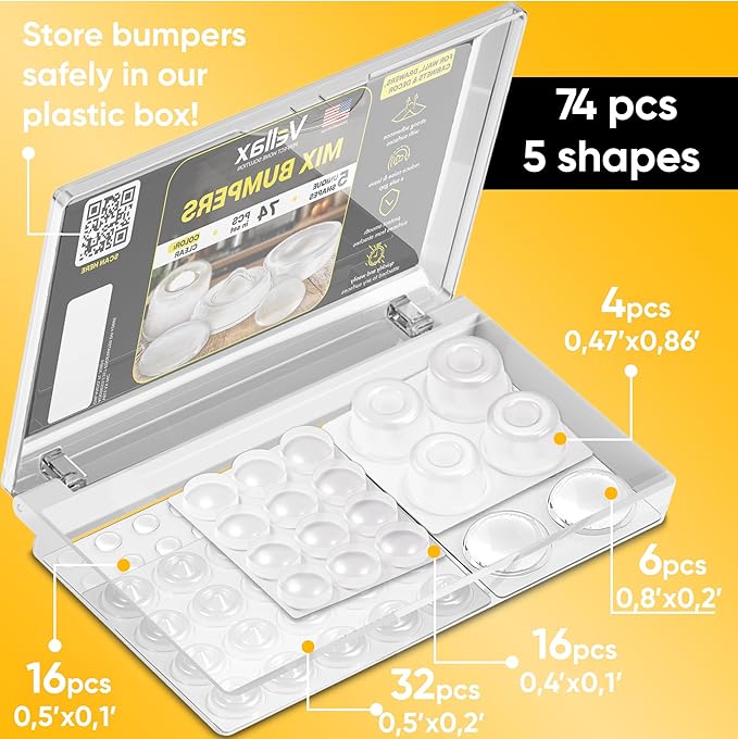 74 Clear Silicone Bumpers & Wall Protectors – 5‑Shape Self‑Adhesive Pads for Cabinets, Doors, Drawers & Furniture – Noise Dampening & Surface Protection by Vellax