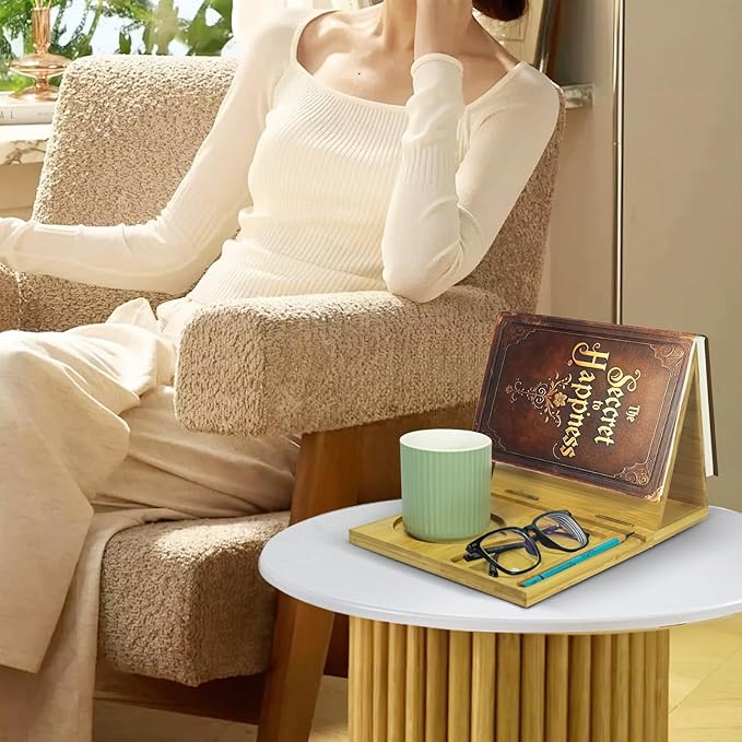 ZenRich Bamboo and Wooden Book Stand Holder for Page Rest, Unique Book Nook Reading Valet with a Cup, Glasses & Pen/Tablet/Kindle Holder. Foldable Bookmark – Ideal for Book Lovers