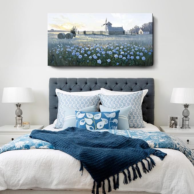 amatop Oversized Farmhouse Wall Art: Blue Rose & Windmill Botanical Landscape Canvas Print - Large Tranquil Floral Scene, Ideal for Living Room, Dining Room, or Hallway Decor | 58x29 Inches