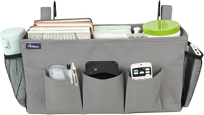 Surblue Bedside Organizer with Hook Caddy Storage Bag with Adjustable Straps and Water Bottle Holder for Home College Dorm Bunk Bed Accessories, Crib, Hospital, Grey