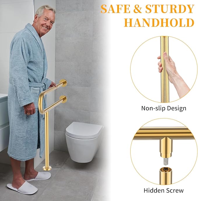 Toilet Grab Bar 31.3 Inch with Leg, YuanDe Wall Mounted Safety Bar, Brushed Gold Stainless Steel Anti-Slip Bathroom Support Rail for Elderly, Disabled, Handicap, Seniors, Injury Recovery