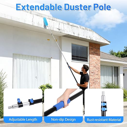 20 Foot High Ceiling Fan Duster with 5-12ft Extension Pole, Heavy Duty High Reach Duster Kit for Cleaning, Spider Web Brush, Washable Dust Brush for High Roof and Glass Surfaces