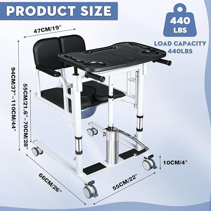 Drexo Patient Lift Transfer Chair, 5 in 1 Patient Lift Chair with 180°Split Seat, Height Adjustable Patient Transfer Chair with 4 Casters for Home Seniors Elderly, Load 450Lbs (Non-Fold, Silver)