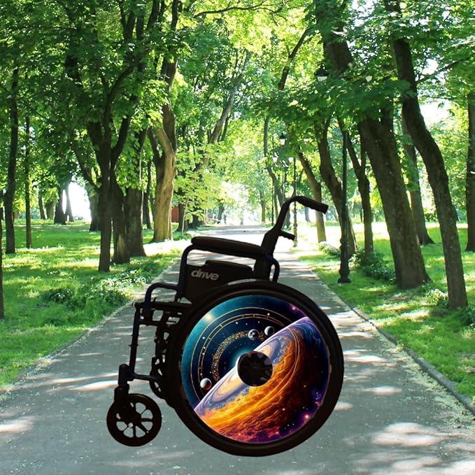 Designer Christmas Cover for Wheelchair Wheels, Waterproof wheelcovers, Enhances Aesthetics, Easy Install/Remove, Lightweight, for Adults and Kids (Solar System)