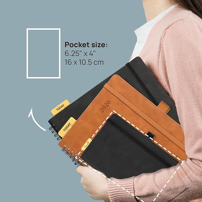 POPRUN 2026 Planner Weekly Notebook (Jan-Dec), Small Size 4''x 6.25'' - 2026 Pocket Calendar for Purse with Spiral Soft Cover, Plastic Ruler, Inner Pocket, 100 GSM - Brown