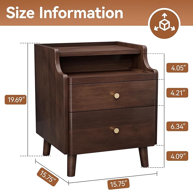 Narrow Nightstand with Drawers, Pre-Assembled Solid Wood Small Skinny Night Stand with Open Sliding Shelf Slim Bedside Table for Bedroom, Slim Side Table (1, Black Walnut, 16")