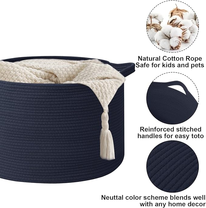 Large Storage Basket with Handle,19.7"L x 19.7"W x 13"H Blanket Basket Storage Bins for Organizing,65L Cotton Rope Woven Baskets for Living Room, Nursery,Bedroom,Dark Blue