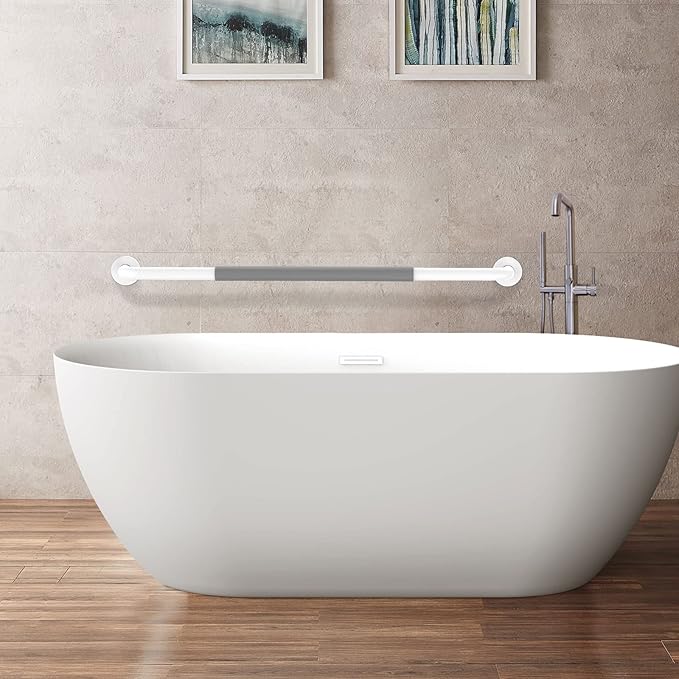 32 Inch Anti Slip Shower Grab Bar, Munzong White Stainless Steel Bathroom Grab Bar w/Gray Rubber Grip, Bathroom Balance Bar,Safety Handrail Support,Handicap Elderly Senior Assist Bath Handle