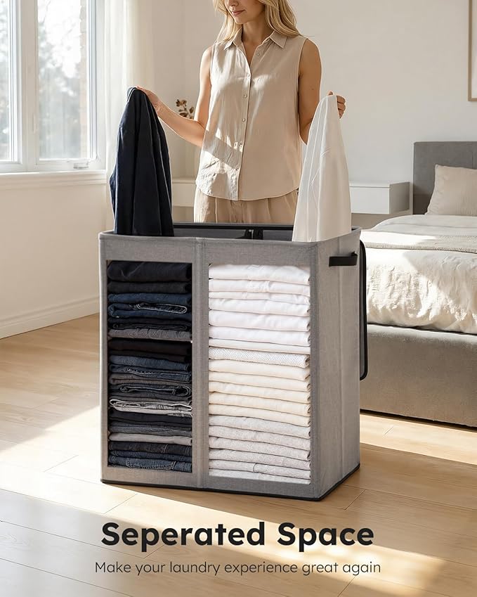 SOLEDI Large Double Laundry Hamper with Lid, Collapsible Clothes Hamper 2 section with Removable Bags, Space-Saving Laundry Basket for Bedroom, Dorm, College