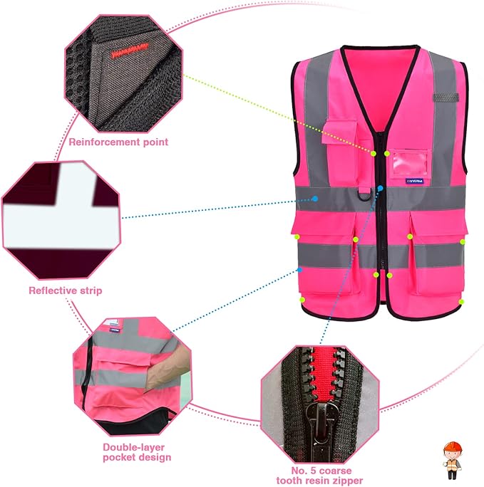 A-SAFETY Pink Safety Vests for Women,Working Safety Vest with Reflective Strips,XXL