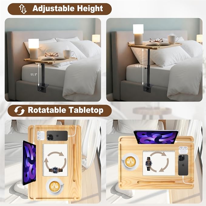 Bedside Shelf for Bed, Height-Adjustable Clip On Bedside Table, Overbed Table for Bed Frames and Sofas Widths 1" - 2.7", Nightstand Organizer Tray for Apartments, Bedrooms, Dorm Essentials