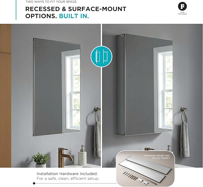 Fine Fixtures Bathroom Medicine Cabinet - Single Door, Aluminum, Recessed/Surface Mount, 24" x 36", Right/Left Hinged, Mirrored Interior